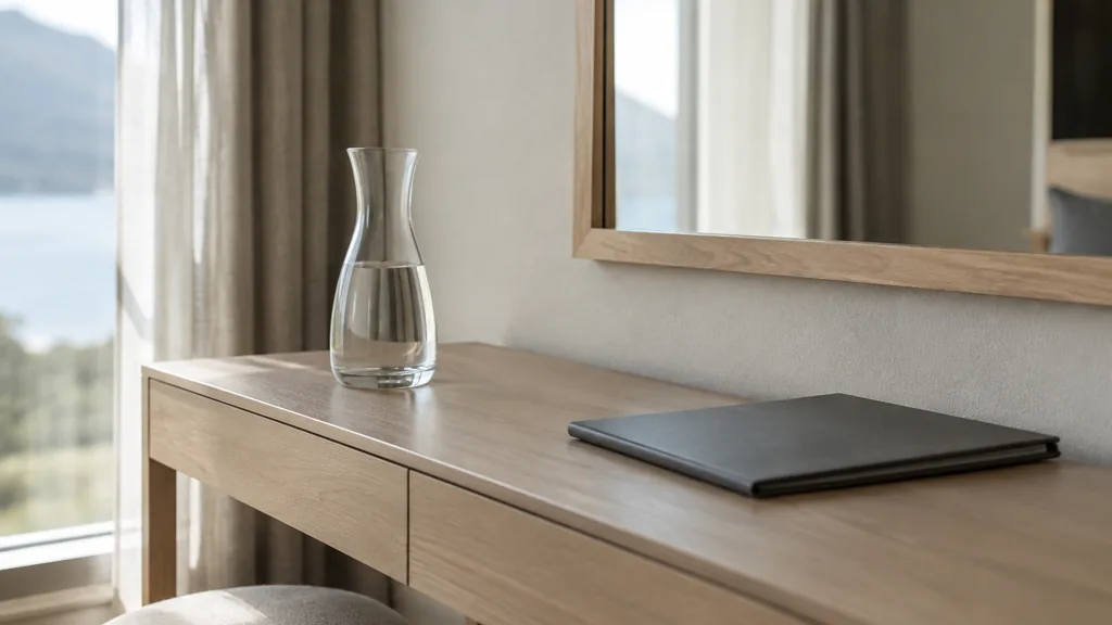 An empty workspace: an empty hotel console table of pale oak with one bare carafe and a closed folder under soft window light