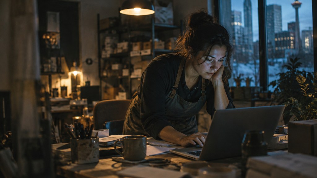 A small-business owner in an apron leaning over a laptop on a cluttered back-office desk late in the day, photographed in Calgary