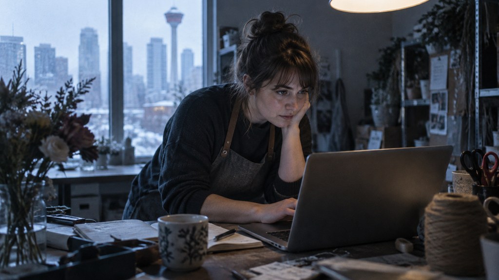 A small-business owner in an apron leaning over a laptop on a cluttered back-office desk late in the day, photographed in Calgary