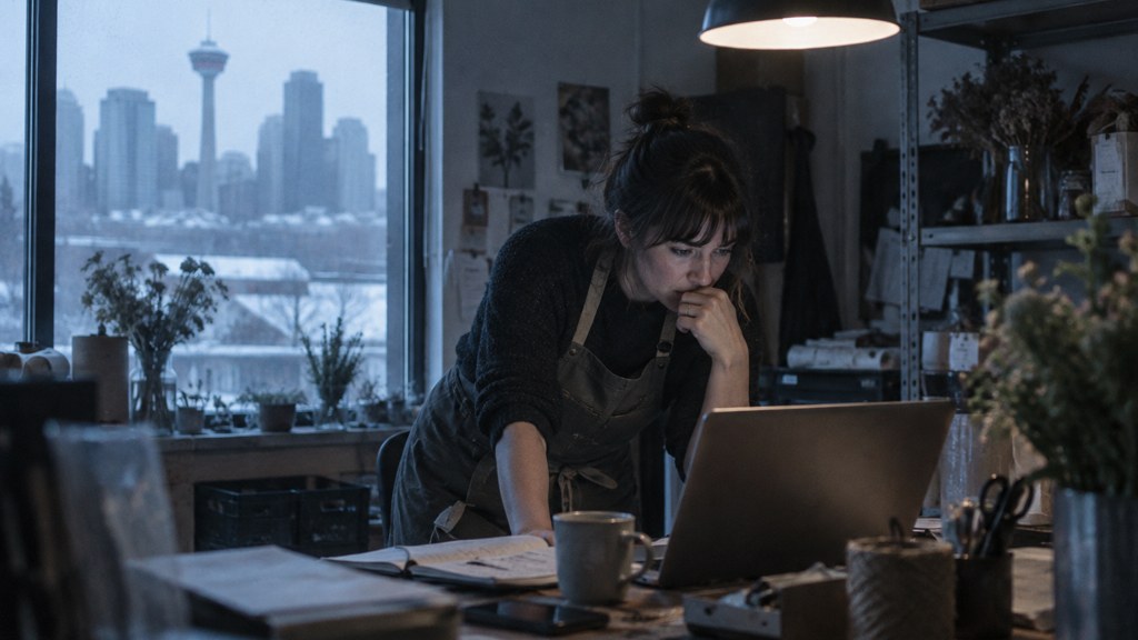A small-business owner in an apron leaning over a laptop on a cluttered back-office desk late in the day, photographed in Calgary