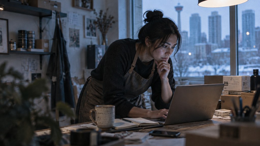 A small-business owner in an apron leaning over a laptop on a cluttered back-office desk late in the day, photographed in Calgary