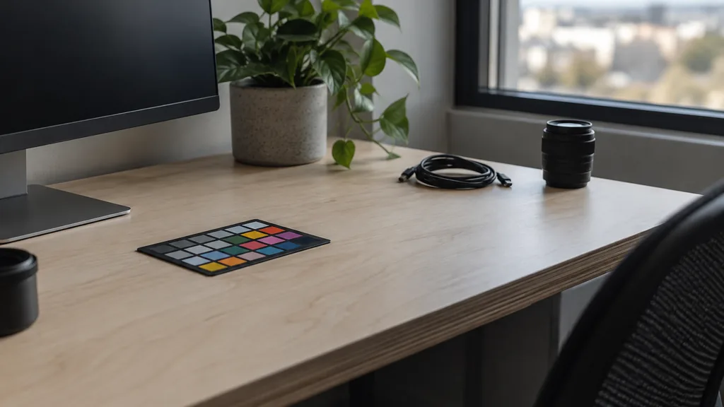 An empty workspace: an empty editing desk of pale birch with one bare calibration card and a coiled cable in cool window light