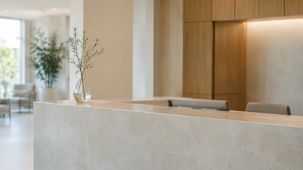 An empty workspace: an empty clinic reception counter of pale stone with one bare glass vase in soft diffused daylight