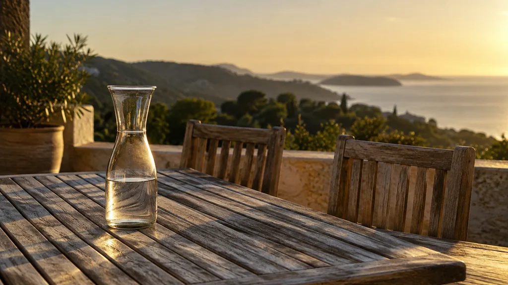An empty workspace: an empty terrace table of weathered teak with one bare carafe under low golden side light