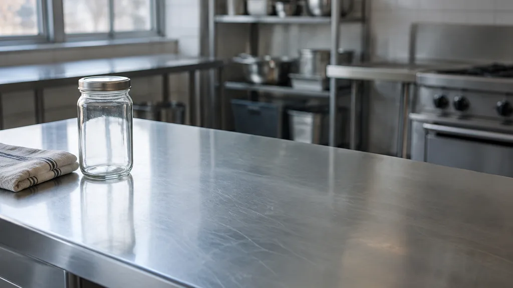 An empty workspace: an empty stainless prep counter with one bare glass jar and a folded cloth in cool daylight