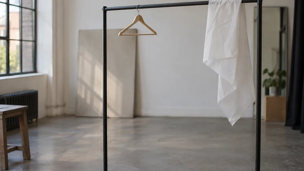 An empty workspace: an empty studio rail of matte black steel with one bare wooden hanger and a folded tissue sheet in soft daylight
