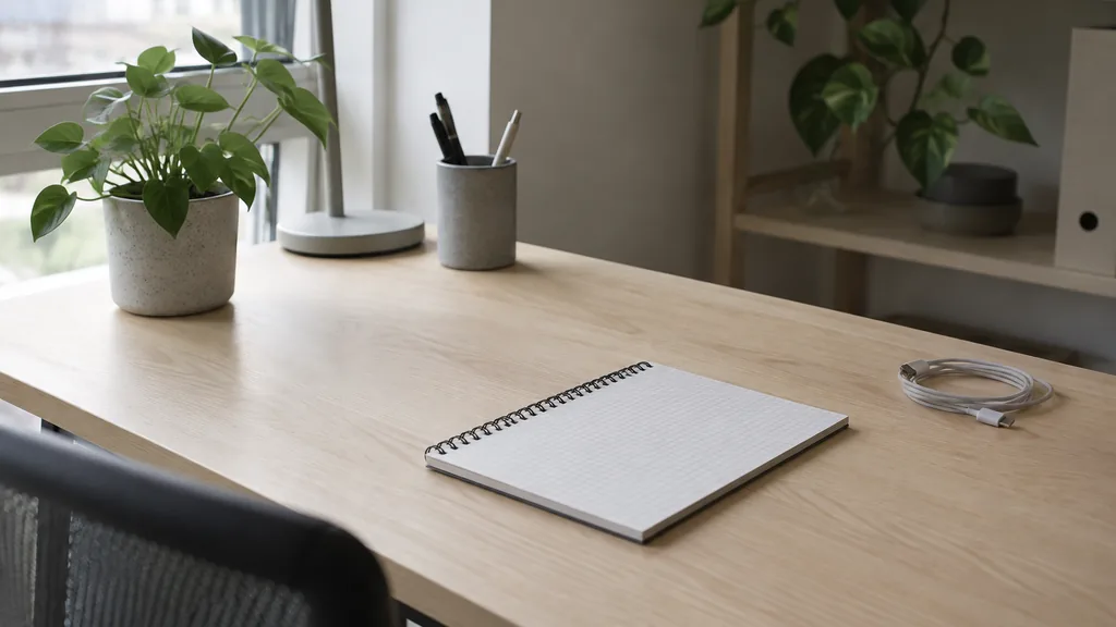 An empty workspace: an empty designer's desk of pale birch with one bare grid notepad and a coiled cable in cool window light