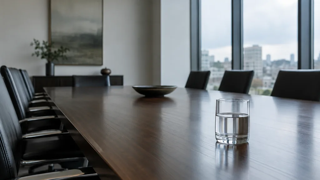 An empty workspace: an empty boardroom table of dark walnut with one bare water glass in cool north light