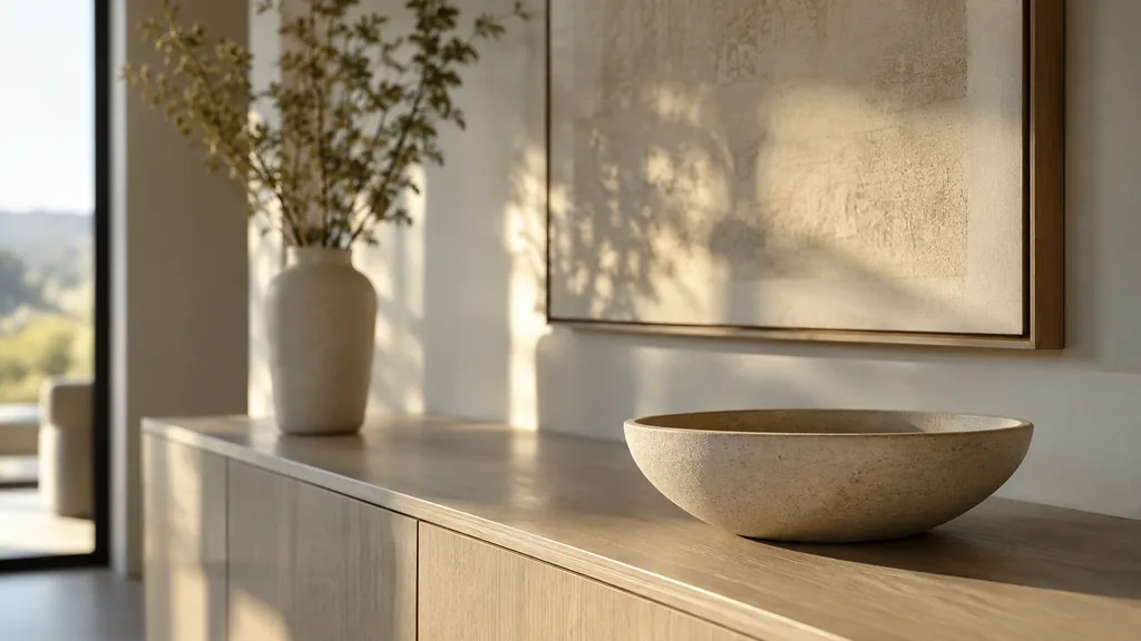 An empty workspace: an empty show-suite console of pale oak with one bare ceramic bowl in soft afternoon light