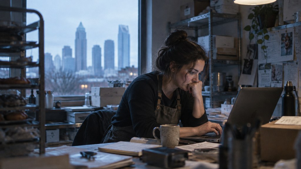 A small-business owner in an apron leaning over a laptop on a cluttered back-office desk late in the day, photographed in Charlotte