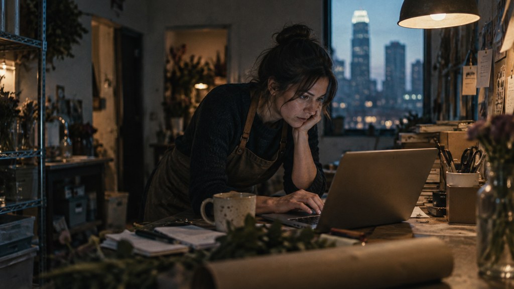 A small-business owner in an apron leaning over a laptop on a cluttered back-office desk late in the day, photographed in Charlotte