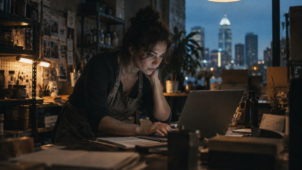 A small-business owner in an apron leaning over a laptop on a cluttered back-office desk late in the day, photographed in Charlotte
