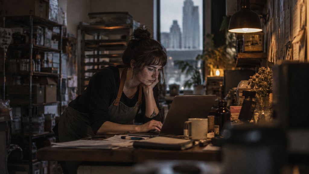 A small-business owner in an apron leaning over a laptop on a cluttered back-office desk late in the day, photographed in Charlotte
