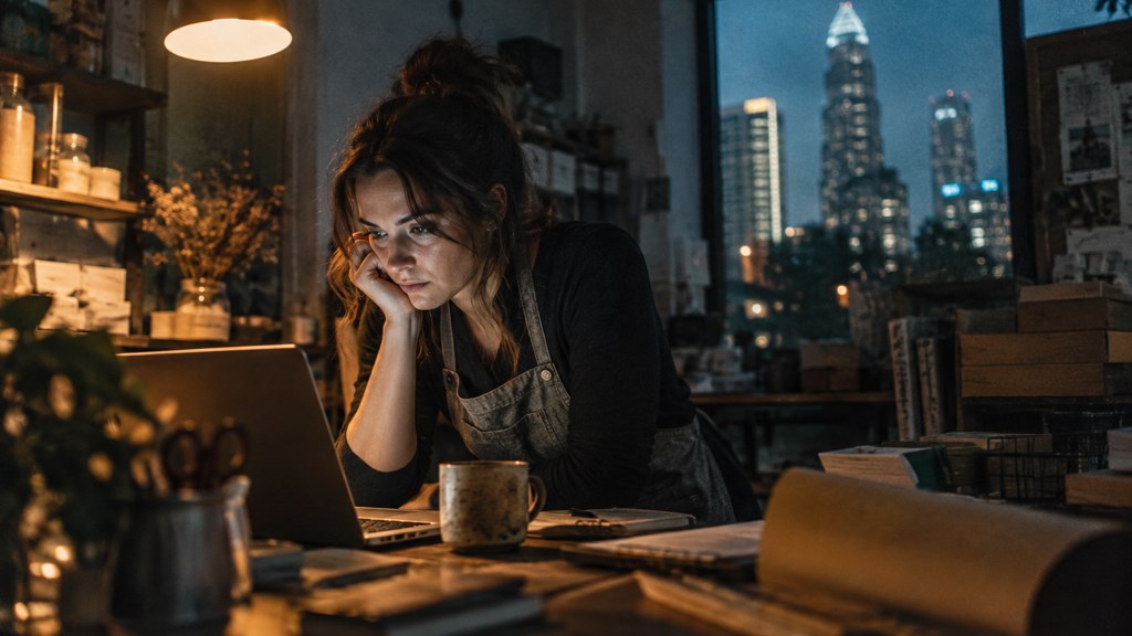 A small-business owner in an apron leaning over a laptop on a cluttered back-office desk late in the day, photographed in Charlotte