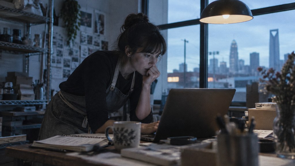 A small-business owner in an apron leaning over a laptop on a cluttered back-office desk late in the day, photographed in Charlotte