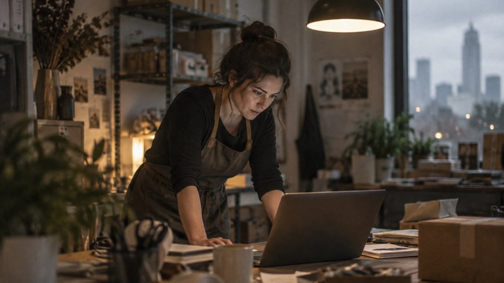 A small-business owner in an apron leaning over a laptop on a cluttered back-office desk late in the day, photographed in Charlotte
