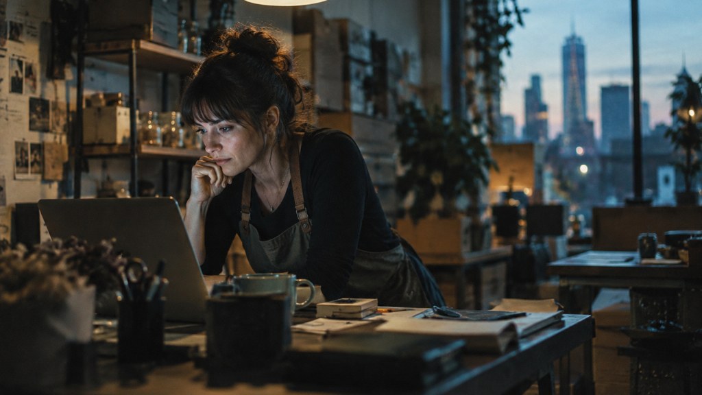 A small-business owner in an apron leaning over a laptop on a cluttered back-office desk late in the day, photographed in Charlotte