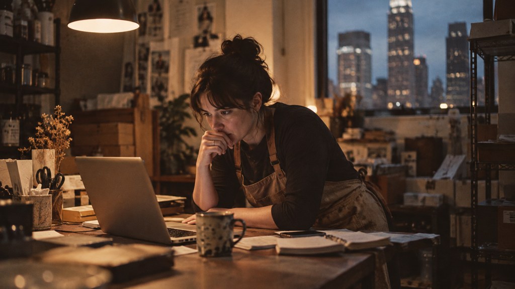 A small-business owner in an apron leaning over a laptop on a cluttered back-office desk late in the day, photographed in Charlotte