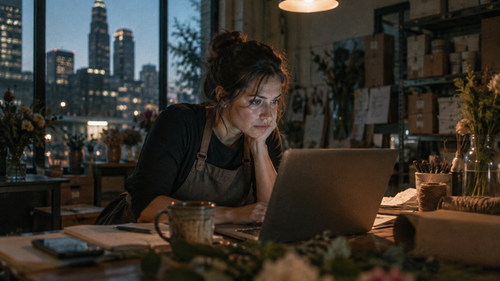 A small-business owner in an apron leaning over a laptop on a cluttered back-office desk late in the day, photographed in Charlotte
