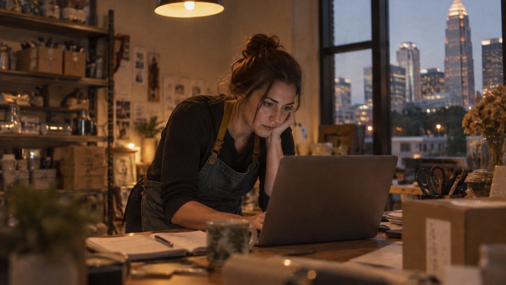 A small-business owner in an apron leaning over a laptop on a cluttered back-office desk late in the day, photographed in Charlotte