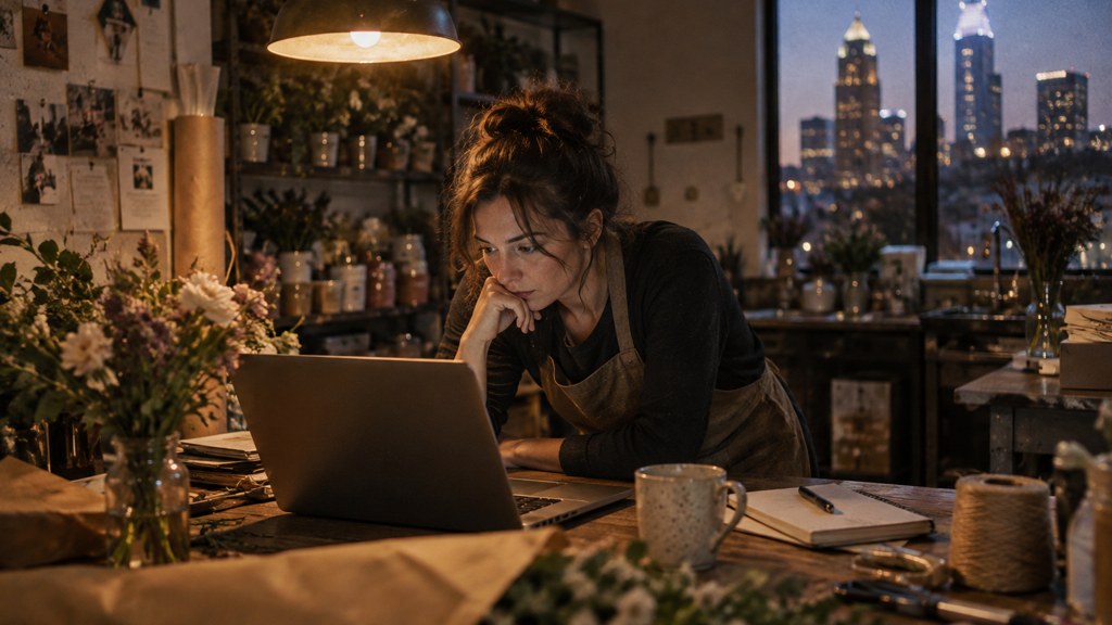 A small-business owner in an apron leaning over a laptop on a cluttered back-office desk late in the day, photographed in Charlotte