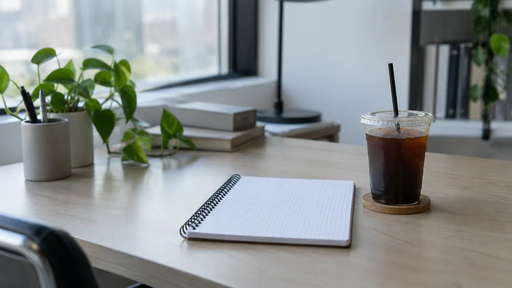 An empty workspace: an empty editor's desk of pale birch with one bare grid notepad and a cold cup in cool window light