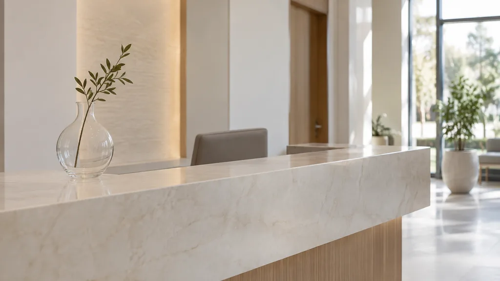 An empty workspace: an empty clinic reception counter of pale stone with one bare glass vase in soft diffused daylight