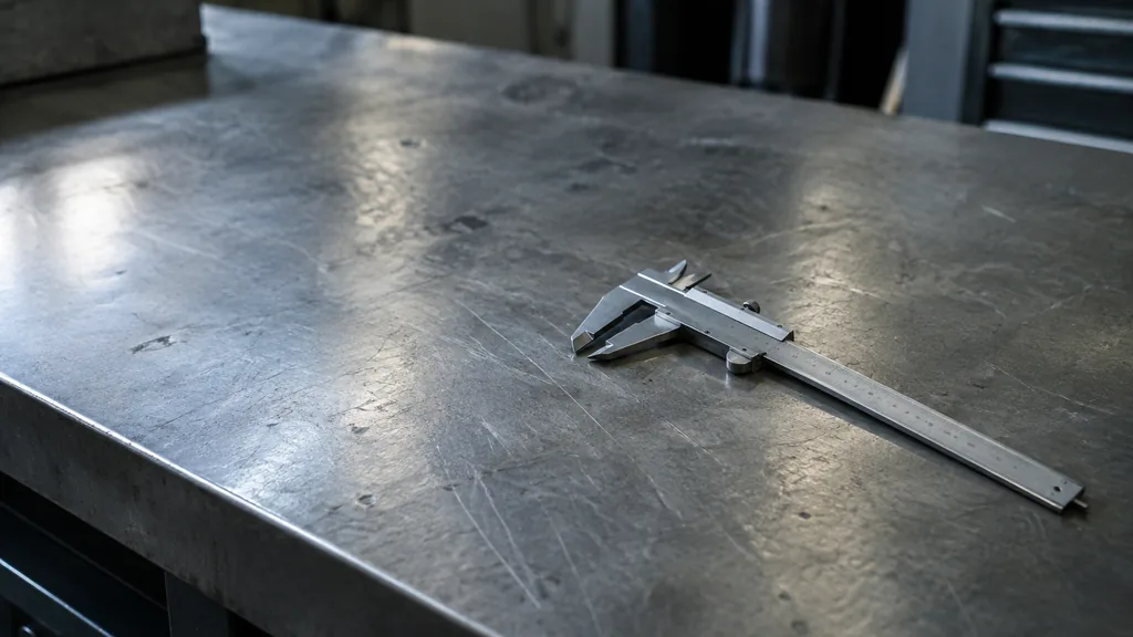 An empty workspace: an empty workbench of scuffed steel with one bare caliper in cool overhead light