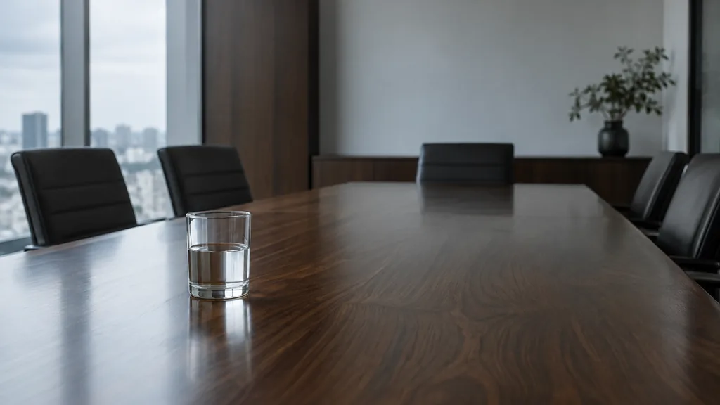 An empty workspace: an empty boardroom table of dark walnut with one bare water glass in cool north light
