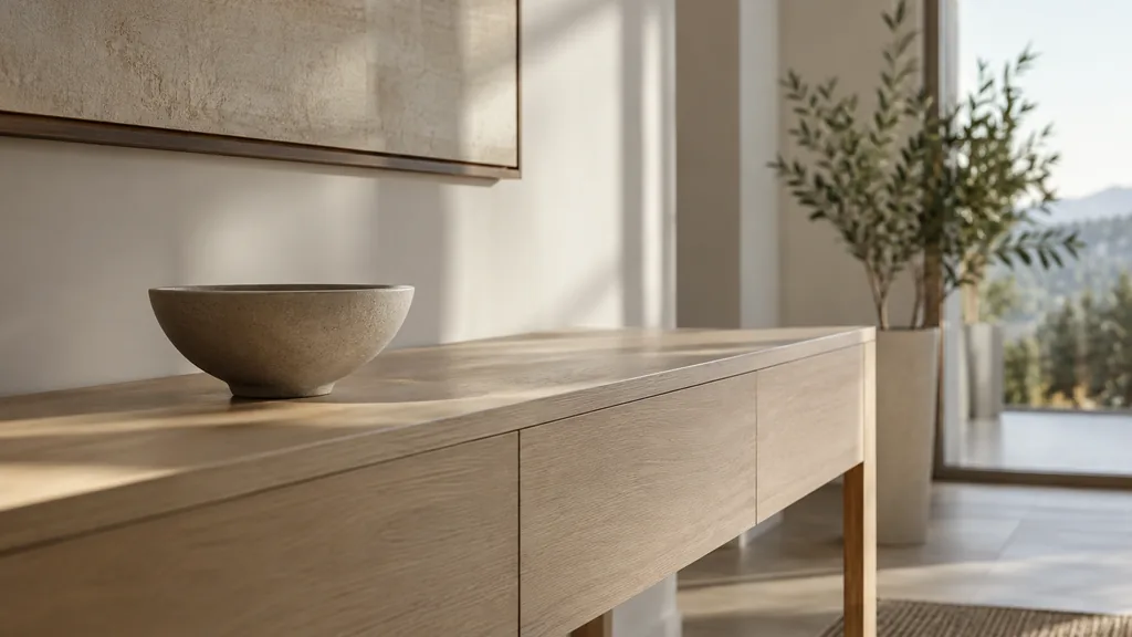 An empty workspace: an empty show-suite console of pale oak with one bare ceramic bowl in soft afternoon light