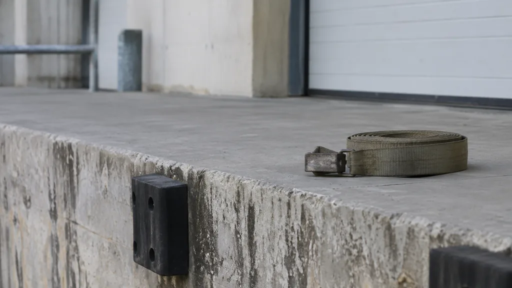 An empty workspace: an empty loading dock ledge of raw concrete with one bare strap coil in flat morning light