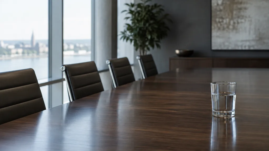 An empty workspace: an empty boardroom table of dark walnut with one bare water glass in cool north light