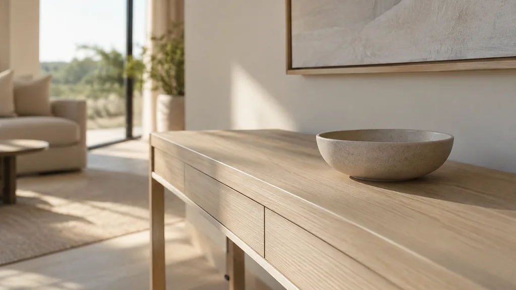 An empty workspace: an empty show-suite console of pale oak with one bare ceramic bowl in soft afternoon light