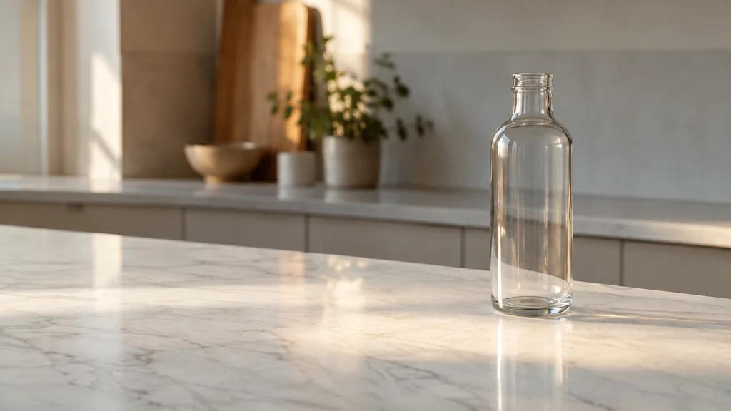 An empty workspace: an empty pale marble counter with one bare unlabelled glass bottle in warm side light