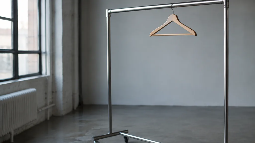 An empty workspace: an empty studio rail of brushed steel with one bare wooden hanger in cool grey light