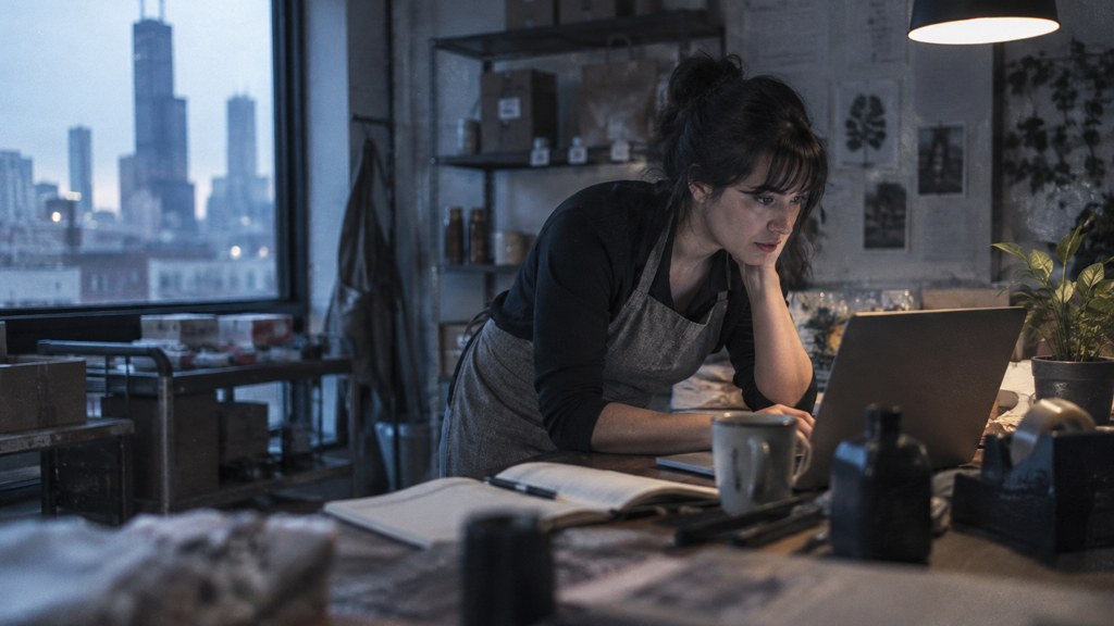 A small-business owner in an apron leaning over a laptop on a cluttered back-office desk late in the day, photographed in Chicago