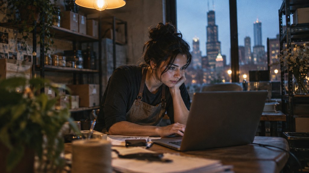 A small-business owner in an apron leaning over a laptop on a cluttered back-office desk late in the day, photographed in Chicago