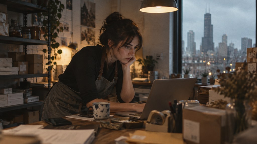 A small-business owner in an apron leaning over a laptop on a cluttered back-office desk late in the day, photographed in Chicago