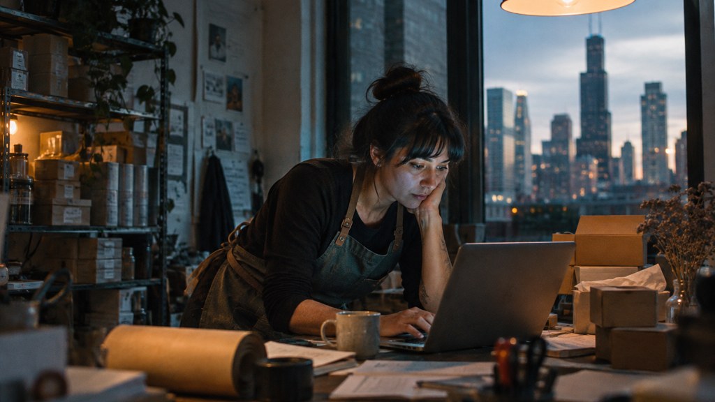 A small-business owner in an apron leaning over a laptop on a cluttered back-office desk late in the day, photographed in Chicago