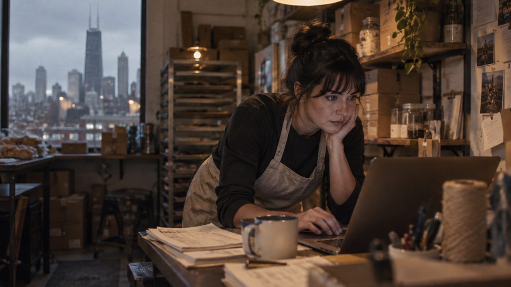 A small-business owner in an apron leaning over a laptop on a cluttered back-office desk late in the day, photographed in Chicago