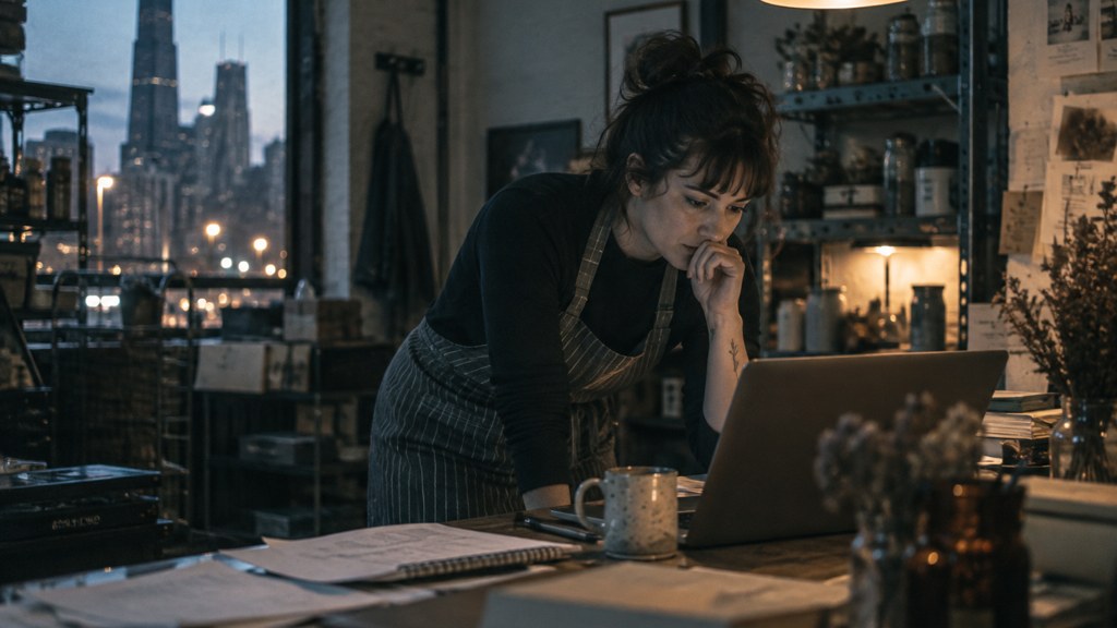 A small-business owner in an apron leaning over a laptop on a cluttered back-office desk late in the day, photographed in Chicago