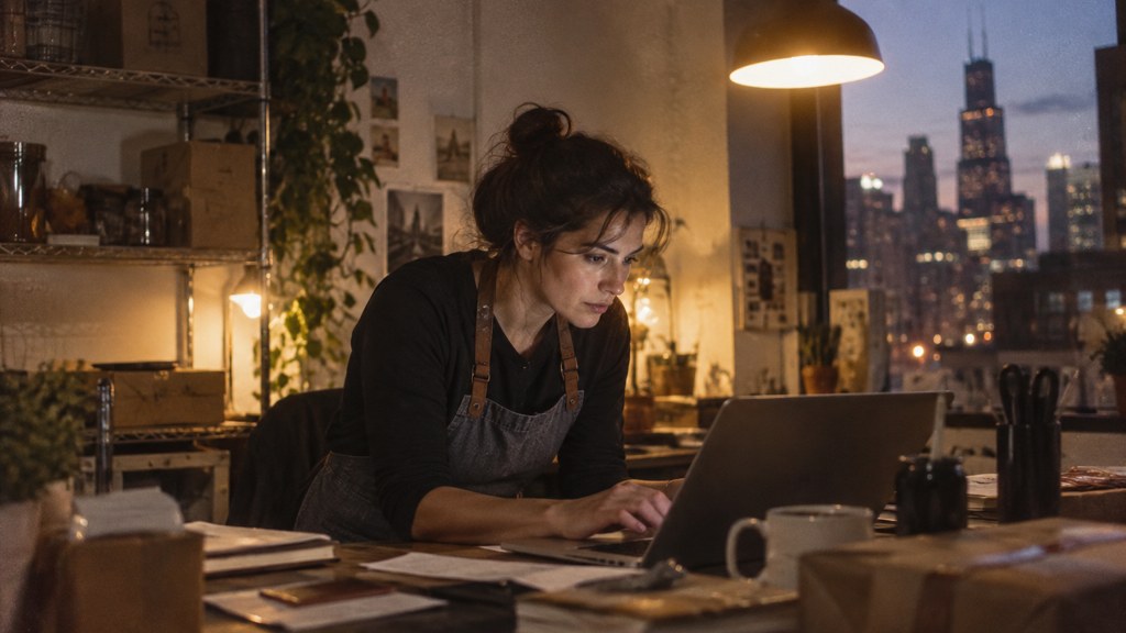 A small-business owner in an apron leaning over a laptop on a cluttered back-office desk late in the day, photographed in Chicago