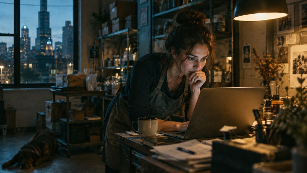 A small-business owner in an apron leaning over a laptop on a cluttered back-office desk late in the day, photographed in Chicago