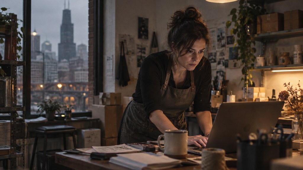 A small-business owner in an apron leaning over a laptop on a cluttered back-office desk late in the day, photographed in Chicago