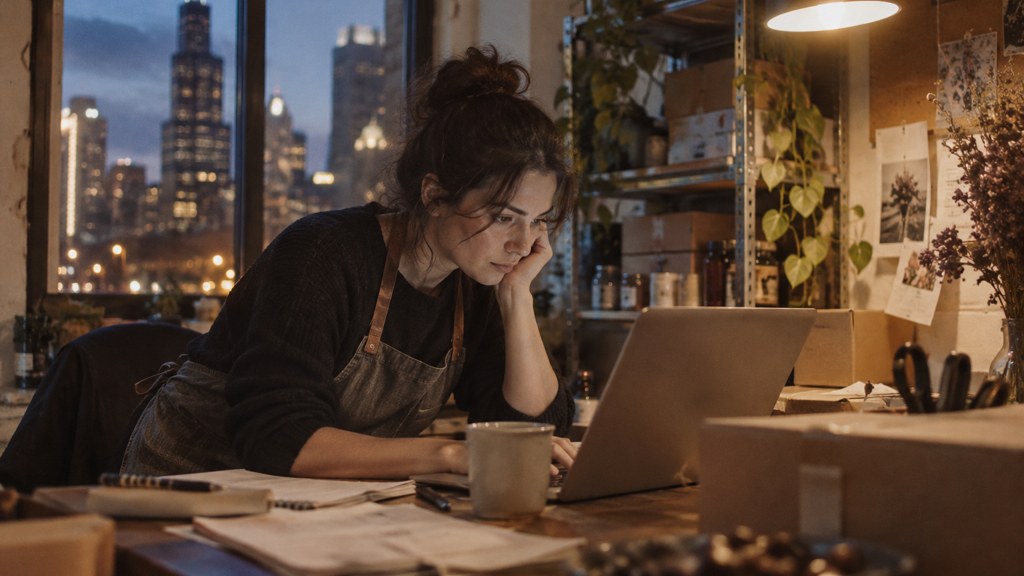 A small-business owner in an apron leaning over a laptop on a cluttered back-office desk late in the day, photographed in Chicago