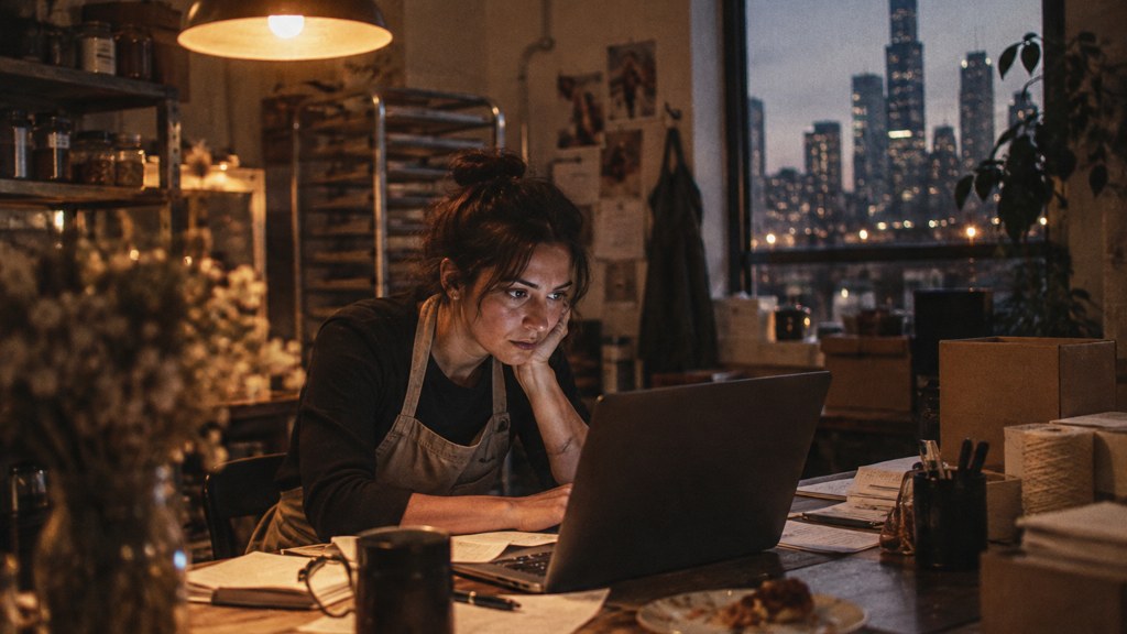 A small-business owner in an apron leaning over a laptop on a cluttered back-office desk late in the day, photographed in Chicago