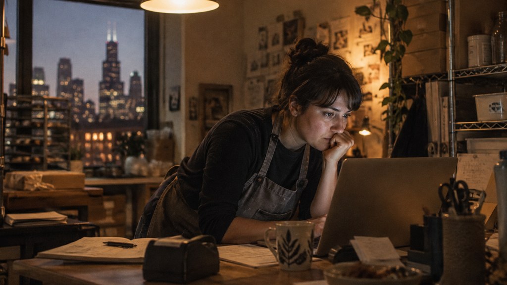 A small-business owner in an apron leaning over a laptop on a cluttered back-office desk late in the day, photographed in Chicago