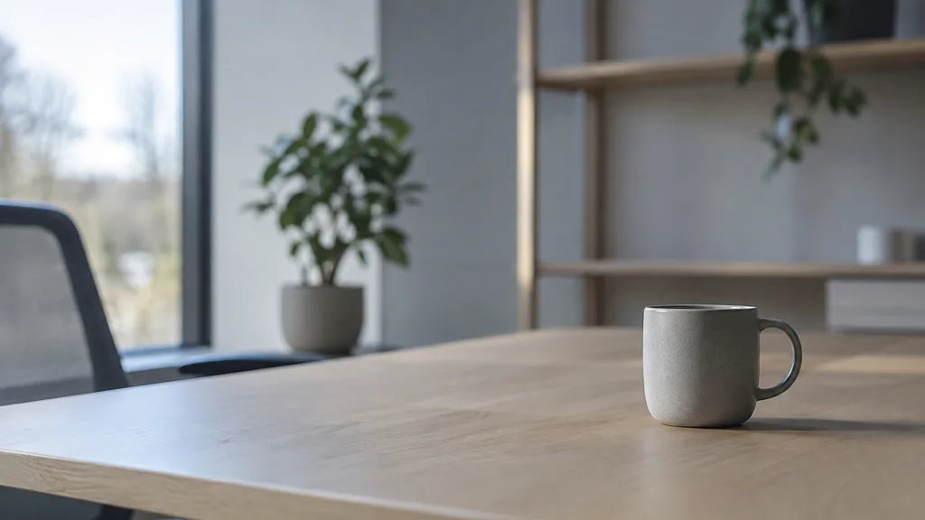 An empty workspace: an empty desk of pale ash with one bare ceramic cup in cool morning light