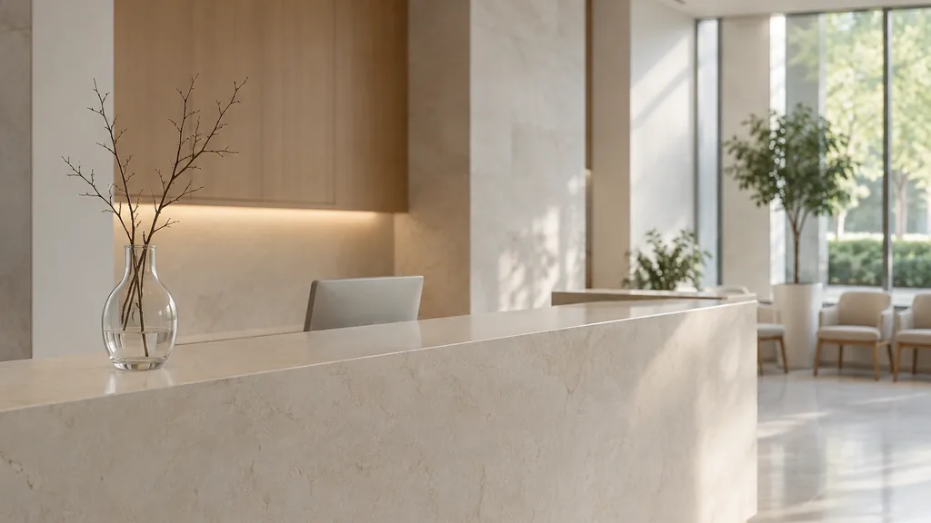 An empty workspace: an empty clinic reception counter of pale stone with one bare glass vase in soft diffused daylight