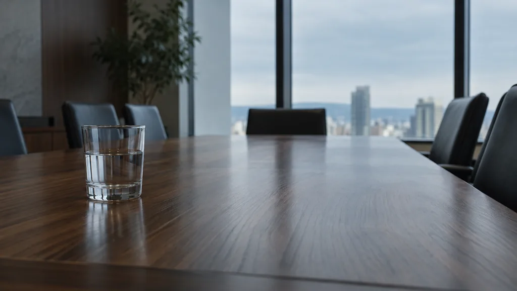 An empty workspace: an empty boardroom table of dark walnut with one bare water glass in cool north light